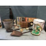 Miscellaneous collectors items including an enamelled breadbin & cover, a folding Edwardian parasol,