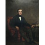 Nineteenth century English school, portrait of a Victorian seated gentleman by table, in later