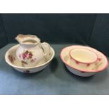 A Maling jug & basin set decorated with roses; and a New Hall washbowl & potty with pink glazed