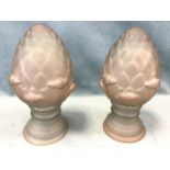 A pair of 1920s acid etched glass finials moulded as cones with leaf collars above circular