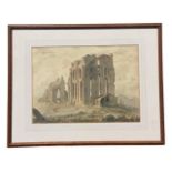 Alfred William Hunt, watercolour, ruined abbey with figures, inscribed to verso Principle Remains of