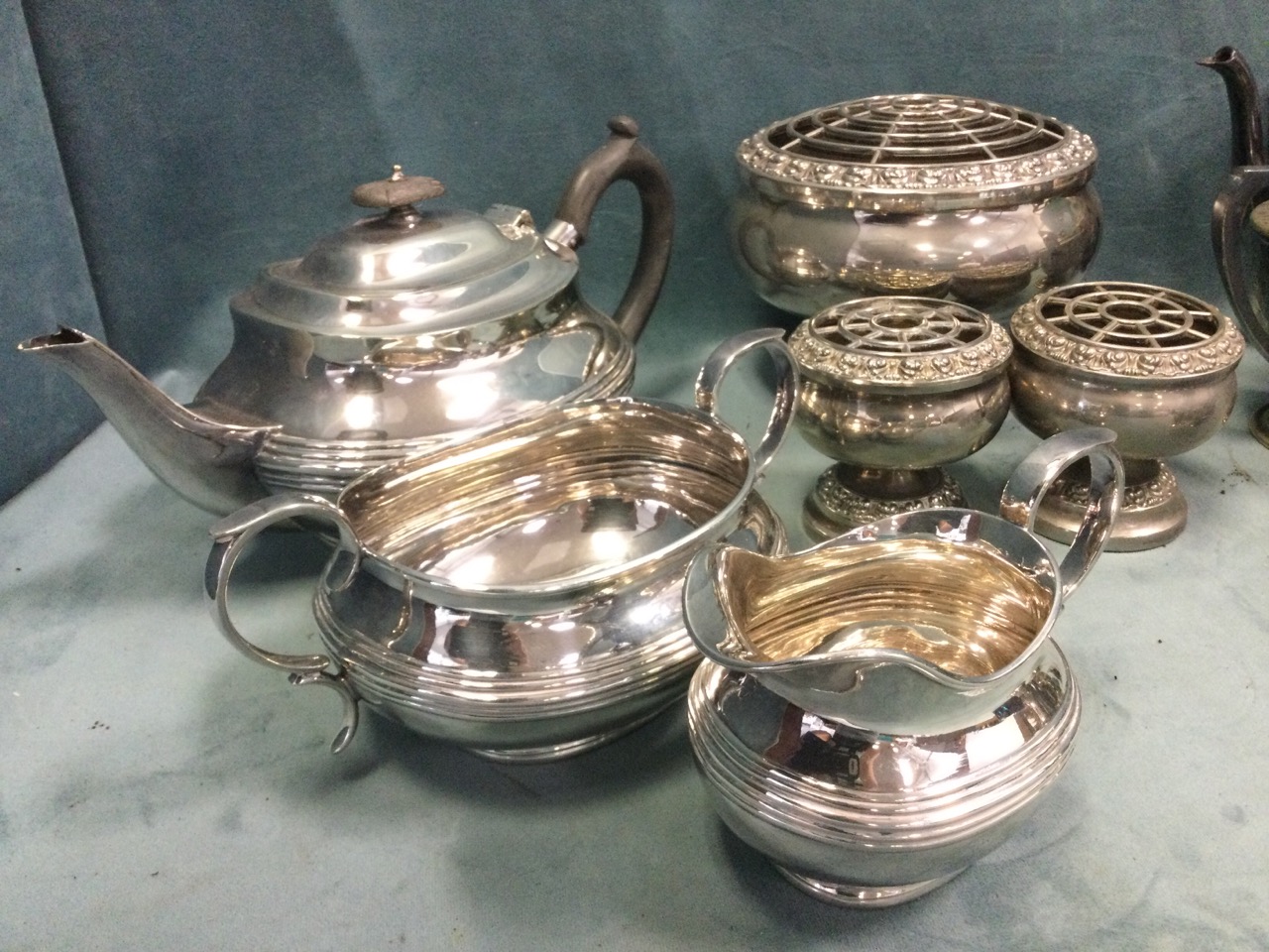 Miscellaneous silver plate including a hammered three-piece teaset, vases & bowls, cruets, etc. (A - Image 2 of 3
