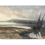 Late nineteenth century watercolour, coastal view with figures by beached sailing boat and distant