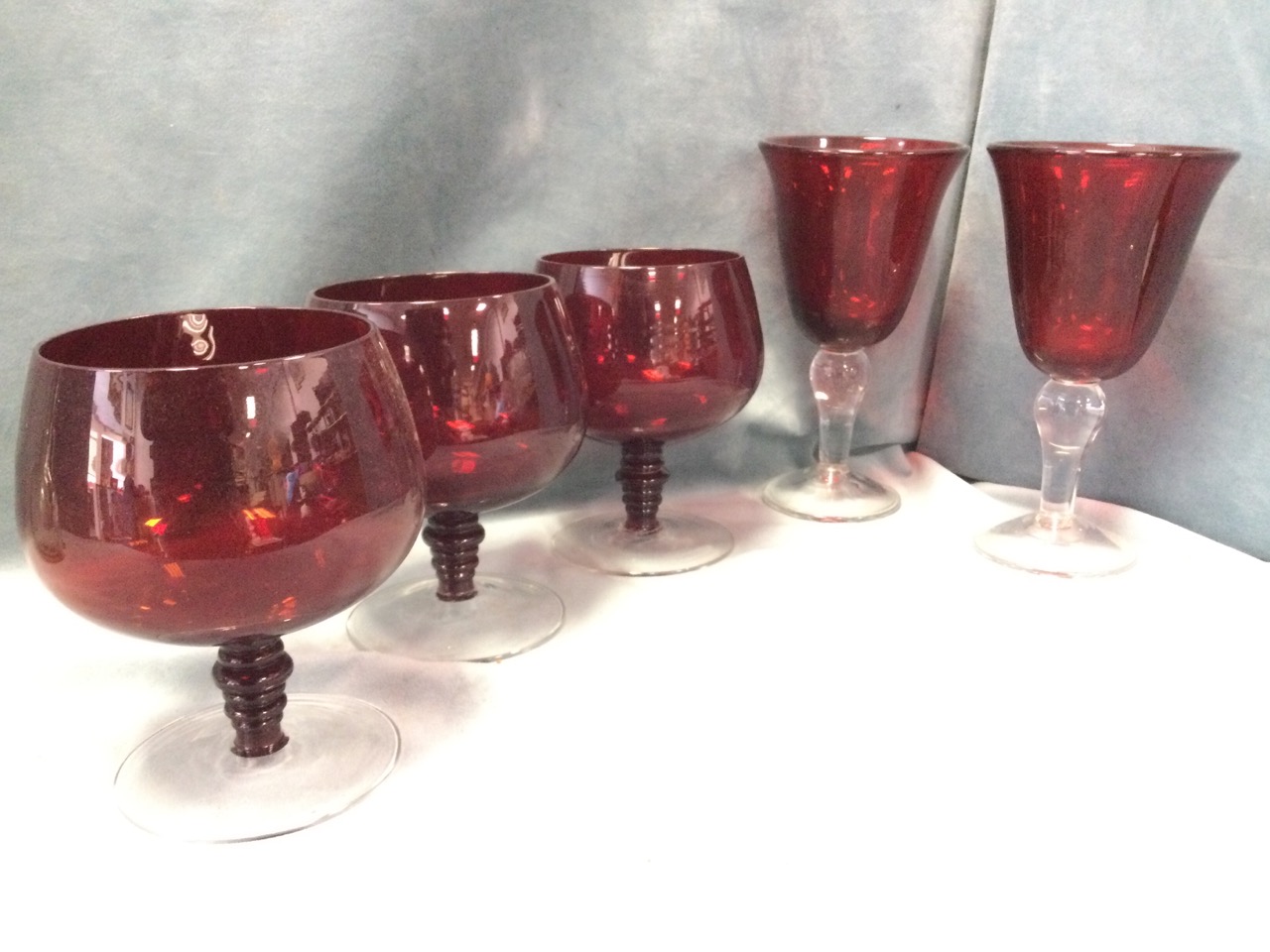 Five large ruby glass vases with clear bases; and a ships style decanter & stopper. (6) - Image 3 of 3