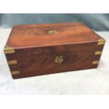 A Victorian mahogany writing box with brass military style mounts, the interior with velvet