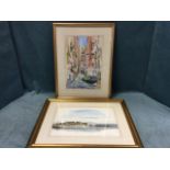 Sally Pinhey, pencil & watercolour, Italian narrow street scene with figures, signed and titled,