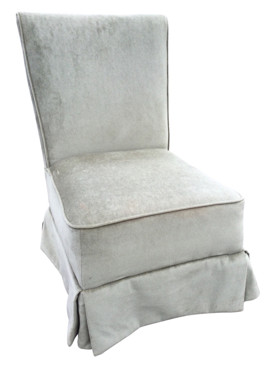 A pale green velour upholstered bedroom chair with wide tapering padded back above a sprung
