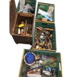 Miscellaneous boxes of hand tools - drill bits, screwdrivers, socket sets, a crowbar, augers,