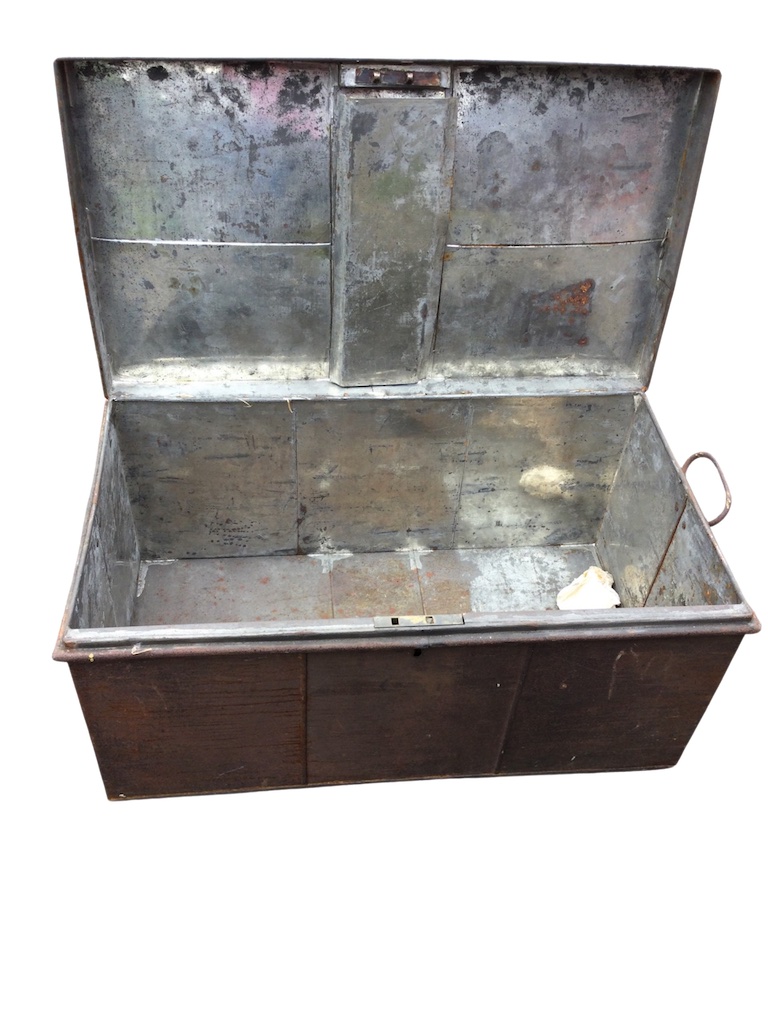 A rectangular tin trunk with zinc lined interior; and another metal trunk dated 1942, with - Image 3 of 3
