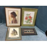 Four original framed paintings - watercolour study of New Zealand birds, pastel bust study of a