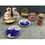 Miscellaneous ceramics including a pair of wally dogs, a pair of flo blue plates with gilt scalloped