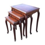 A nest of three reproduction mahogany coffee tables, the rectangular moulded panelled tops above