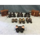 Seven pairs of binoculars - leather cased, brass with leather mounts, Ellgel Cadet, French