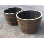 A pair of oak barrel garden planters, each with staves bound by three metal riveted strap bands. (