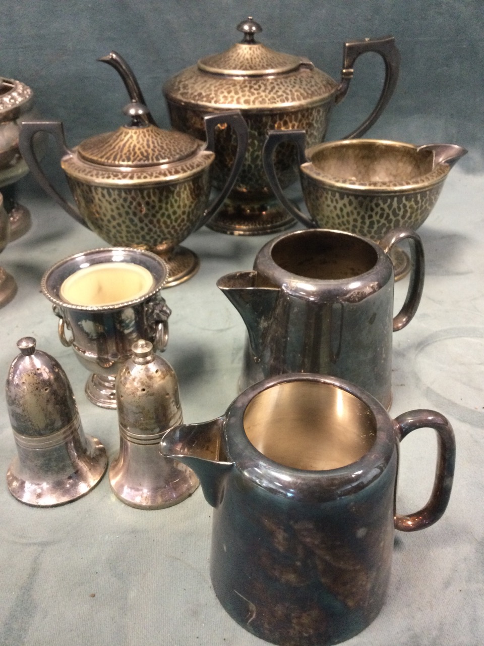 Miscellaneous silver plate including a hammered three-piece teaset, vases & bowls, cruets, etc. (A - Image 3 of 3