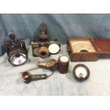 Miscellaneous electrical equipment including a cased ampere gauge by Kelvin & James White, a leather