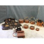Miscellaneous items including a set of six graduated copper pans with brass handles, two leather