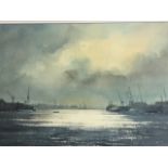 Alan Reed, watercolour, Tyneside twilight scene with bankside shipbuilding cranes, signed, mounted &