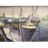 Sheila Graber, oil on board of fishing boats on quayside in harbour, signed and framed. (23.5in x