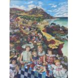 Juliet de Gaye, oil on canvas, coastal view with figures, titled to verso The Picnic, signed &