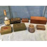 Miscellaneous items including tin boxes, coins, collectors items, studs, crowns, wood boxes, tins, a