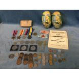 Boxed general service medals awarded to father & son Hollinshead with ribbons; a collection of coins