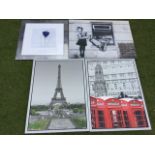 A Banksy style box canvas print; a pair of contemporary framed prints - Paris & London; and an