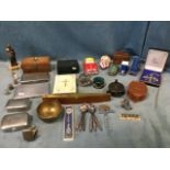 Miscellaneous collectors items including a brass fishing reel, tinplate toys, rosewood boxes, a