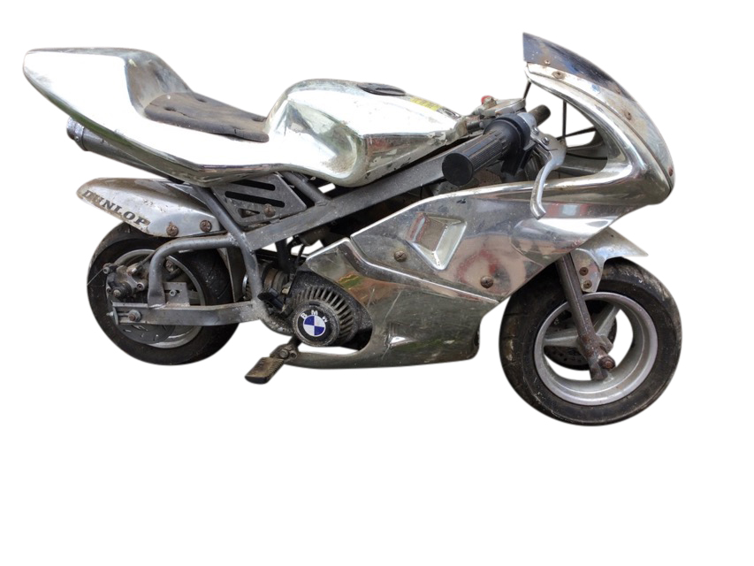 A childs BMW petrol racing motorbike with silvered body - A/F. (41in)