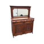 A Victorian mahogany sideboard with bevelled mirror back in moulded frame, the rectangular top above