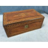 A Victorian walnut writing box decorated with chequered boxwood & ebony bands and satinwood