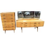 A 70s Meredew satin birch bedroom chest of six drawers, with matching dressing table having three