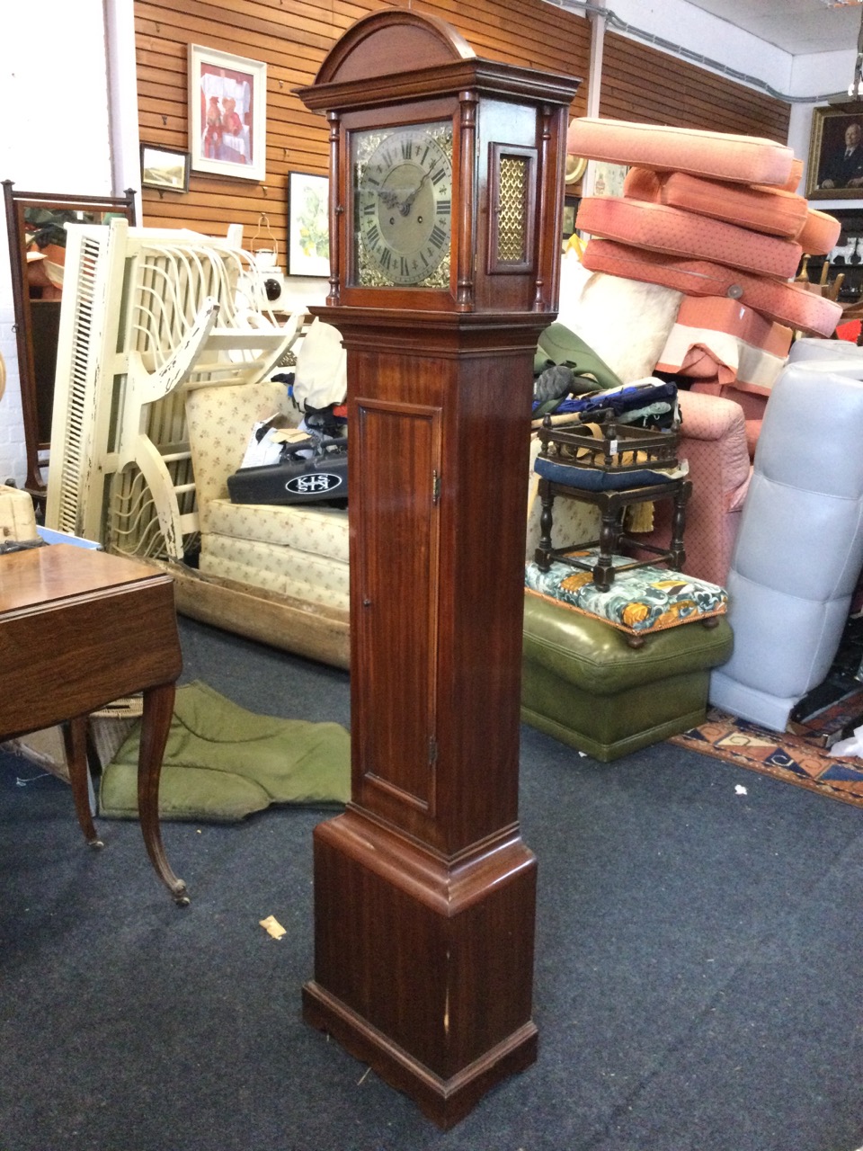 A mahogany cased grandmother clock with arched hood above square door framed by turned columns - Image 3 of 3