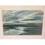 Peter Scott, landscape print, titled to label verso Brent Geese flighting under a Mackerel Sky,