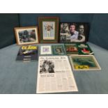 A collection of Jim Clark collectables including biographies, framed photographs, publications, a