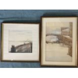 C20th watercolour, Russian study of a canal bridge with reflected buildings, signed in pencil