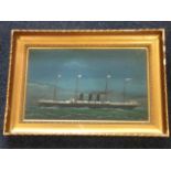 Late nineteenth century oil on board, naive study of the three funnelled steamship City of Roma, the