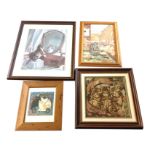 Three miscellaneous framed cat prints; and a framed cat tapestry picture. (4)