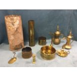Four World War I brass shells; and miscellaneous other brass including two eastern coffee pots, a