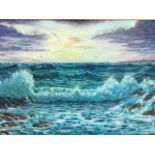 GL Williams, oil on canvas, shoreline stormy seas at sunset, signed and gilt framed. (35.5in x 23.