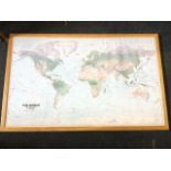 A large oak framed map of the world, published in 2008 by Global Mapping. (53.25in x 32.25in)