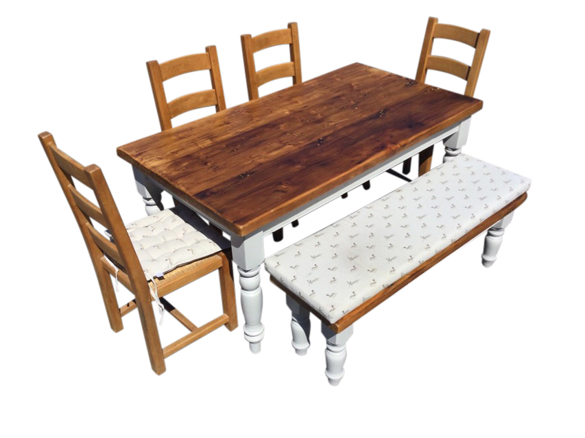 A reproduction painted kitchen table with four rush seated ladderback chairs & bench, the table on