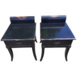 A pair of lacquered Chinese bedside cabinets, the rectangular panelled tops with shaped scrolled