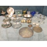 Miscellaneous silver plate and glass - three graduated Georgian style plates, coasters, a set of