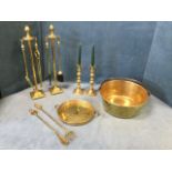 Miscellaneous brass including a pair of firetool stands holding a set of four implements, a pair
