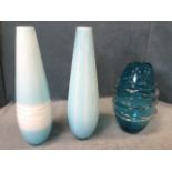 A pair of pale blue tapering overlaid art glass vases with cut decoration - unsigned,19.5in; and
