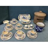 A collection of Masons pieces decorated in the floral regency pattern - cups & saucers, a gravy boat