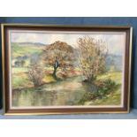Oil on board, river landscape with waterside trees, unsigned and framed. (29.5in x 19.5in)