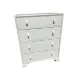 A plain painted oak chest of four drawers mounted with original crescent shaped handles, raised on