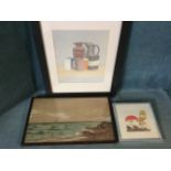F Goldrick?, watercolour, coastal seascape with sailing boats and seagulls, signed & framed; Zoë